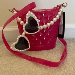 Pink Crossbody Bag with Pearl Accents and Pearl Sunglasses